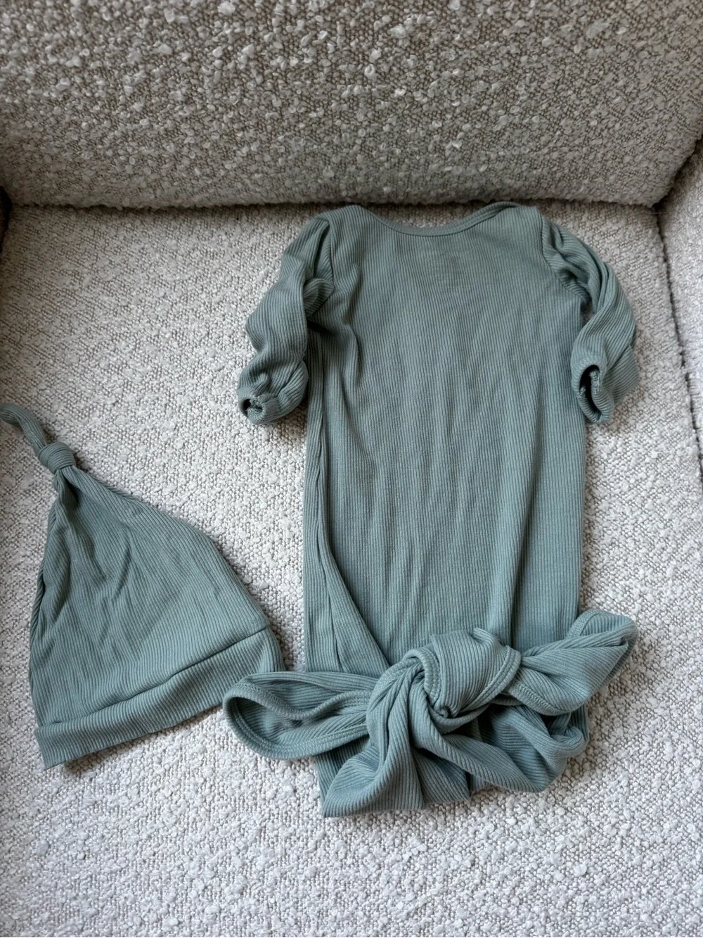 Caden Lane Soft Ribbed Sage Green Baby One-Piece Gown with Hat